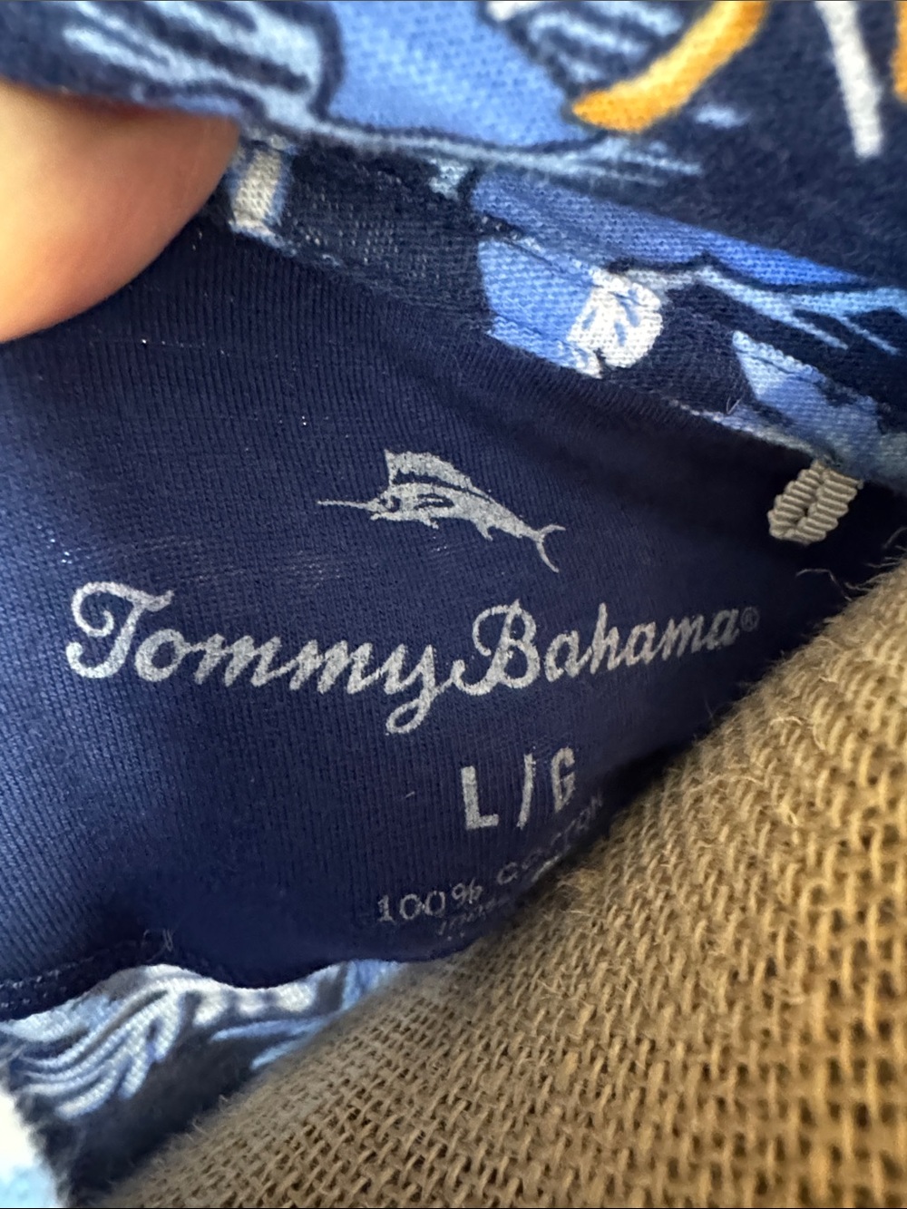 Tommy Bahama Navy Pullover with Light Blue and Yellow Tropical Accents - Picture 2 of 4